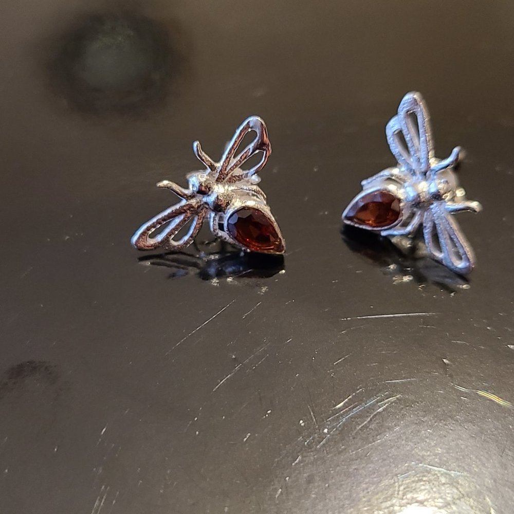 Garnet Bug Stud Earrings Sterling Silver-Bug Earrings Silver Earrings - Picture 3 of 4